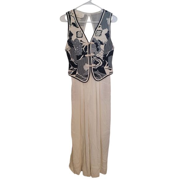 Cache Vintage Tapestry Vest Jumpsuit One Piece 80S Rhinestone Studded Mesh Panel - Picture 3 of 16